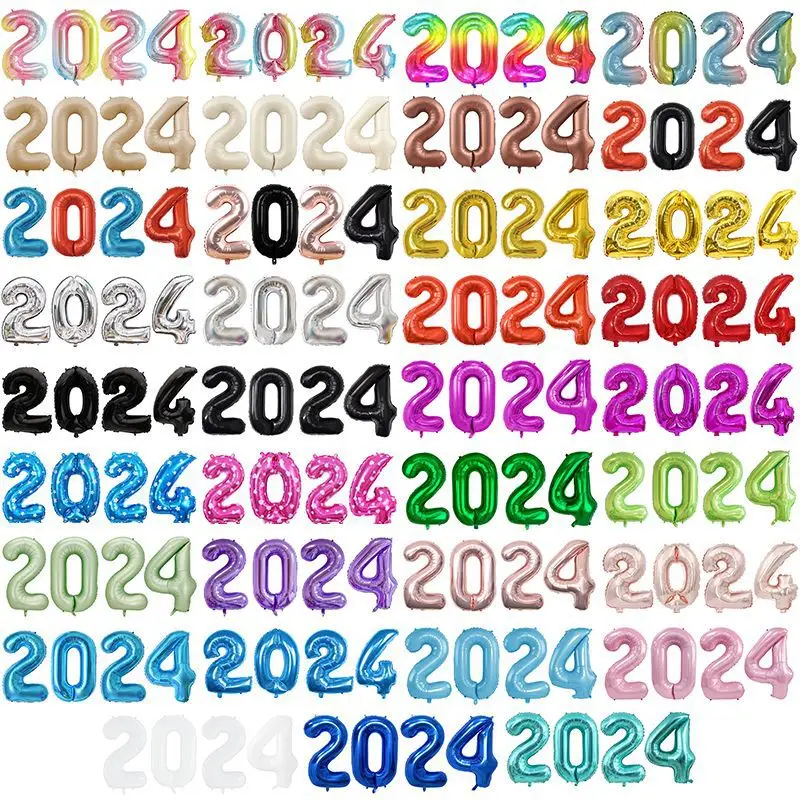 Wholesale Hot Selling Mylar Helium 16/32/40inch Number Digital Shape 2024 Foil Balloon For Happy New Year Party Decorations