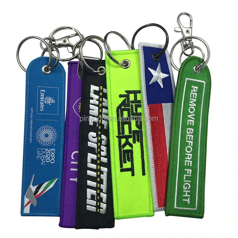 Promotional gift custom embroidered keychain key tag Aviation Jet tag Key ring carabiner woven sublimated key tag