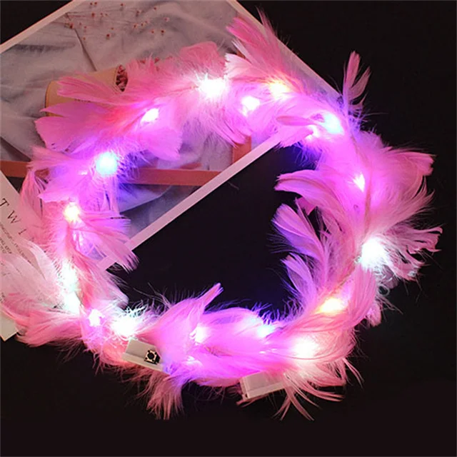 LED Flashing Wreath Angel Feather Headdress Colorful Luminous Garland Girl Headband Cheap Feather Headband