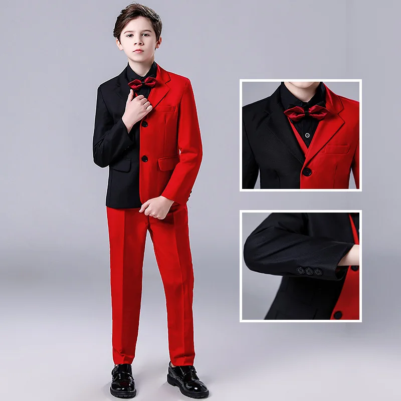 Red Black Contrast Color Men Dinner Tails Boys Formal Tuxido Dress Suits Kids Christmas Blazer Set Children Wedding Clothing