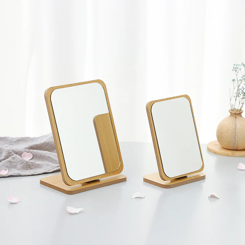 Customized Logo Wooden Tabletop Vanity Mirror Rotating Makeup Mirror