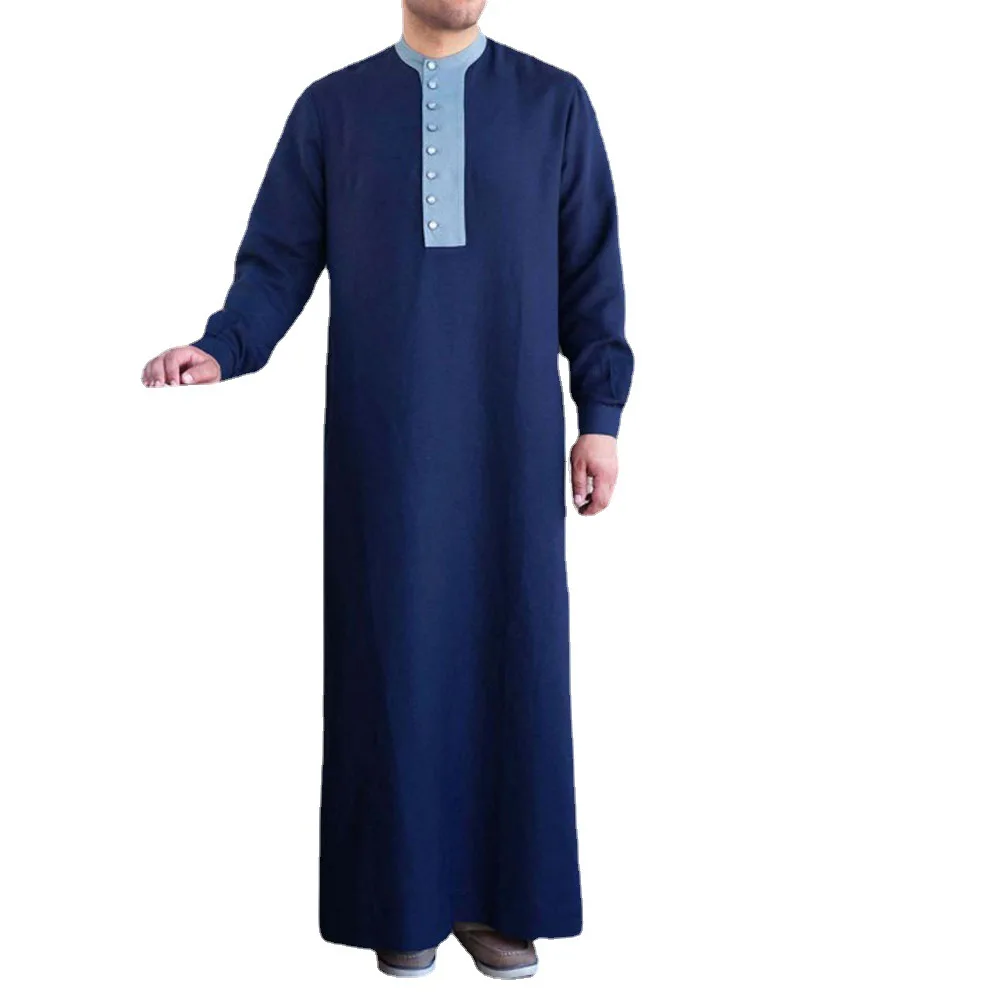 High Quality Polyester New Middle East Ramadan National Style Clothing Traditional Navy Button Casual Muslim Robe