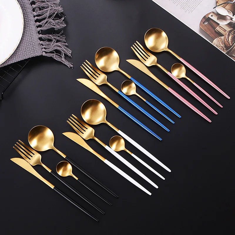 Bulk 4pcs Restaurant Silverware Modern Wedding Flatware Knife Fork Spoon Stainless Steel Matte Gold Portuguese Cutlery Set