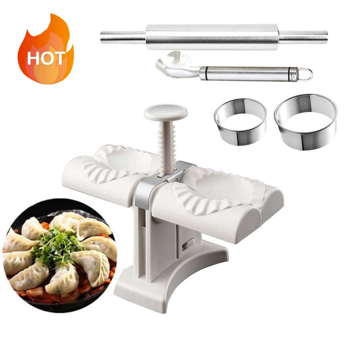 Kitchen tools manual press food grade cut mold stainless steel rolling pin 4 Pack tool Anti-scald Holder dumpling maker Set