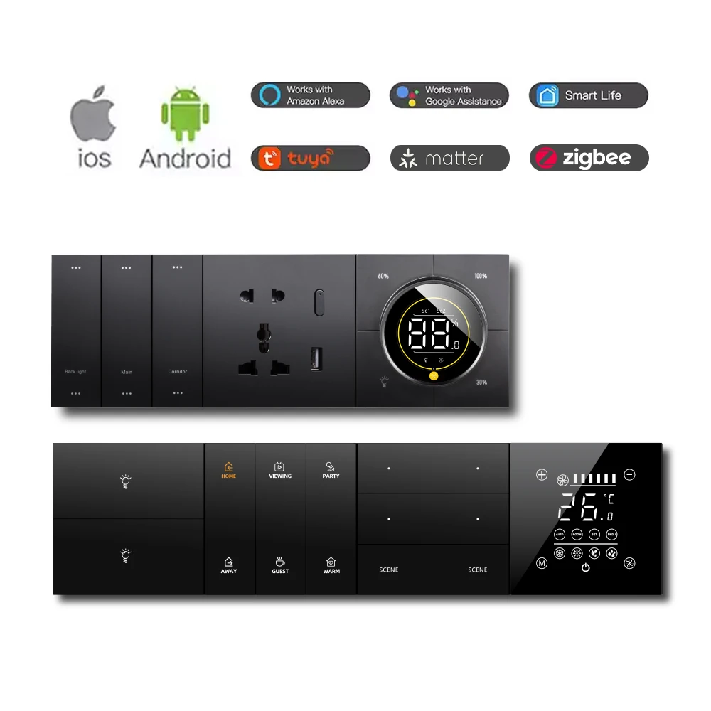 High End Dimmer Smart Switch Smart Light Fan Temperature LCD Display Rotary Button Tuya ZigBee Google Alex Compatible
