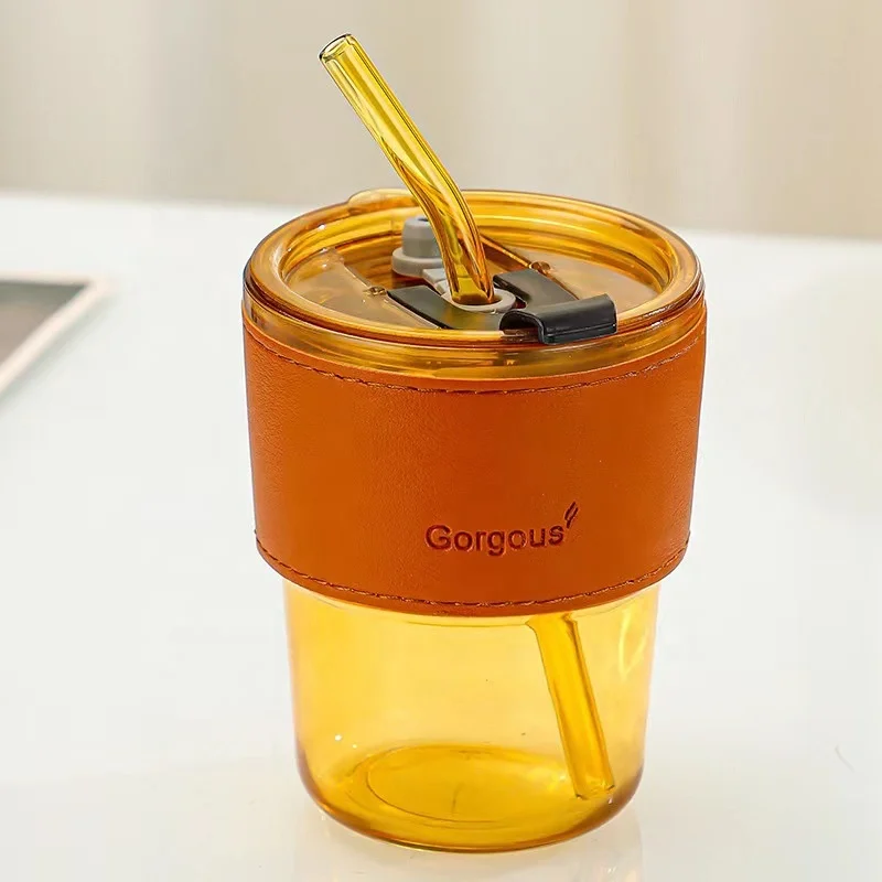 Coffee Mug Sleeve Case Customized PU Heat Insulation Clear Glass Cup Glass Water Bottle Cup Leather Wrapped with Straw