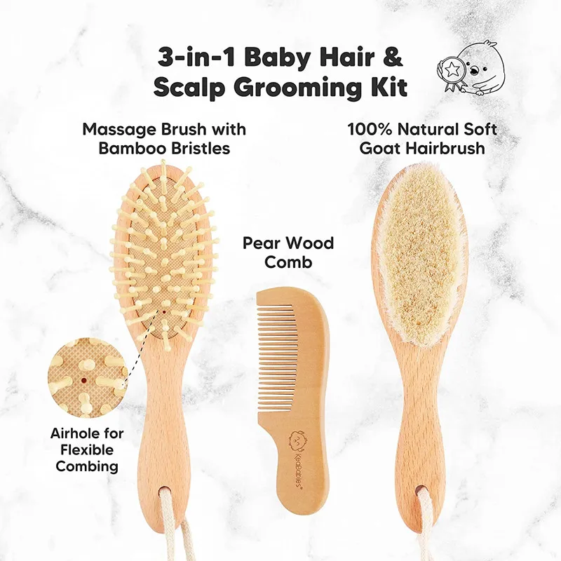 Natural soft Goat Bristles bamboo Baby Hair Brush for newborn Wooden Baby Brush and Comb Set