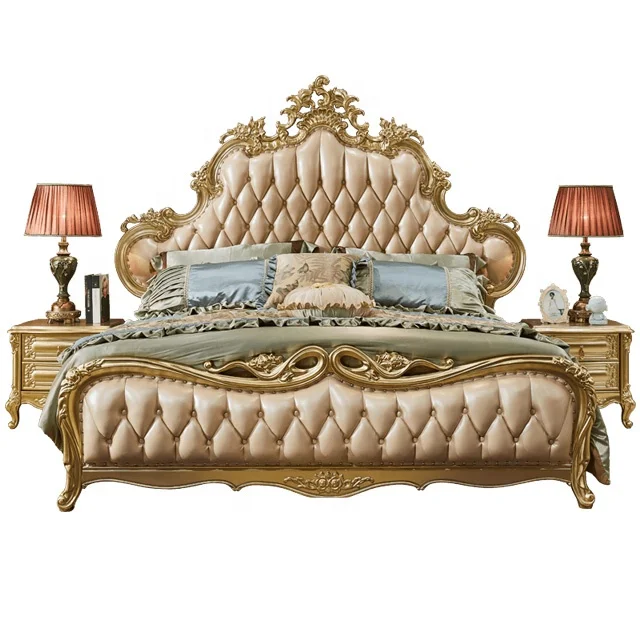 Antique Luxury Upholstered Leather Fancy wood Leather bedroom furniture wholesale price hand-carved flowers king queen size bed