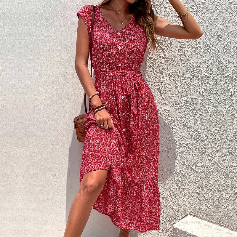 2023 Women summer fashion holiday style boho floral printed short sleeve maxi long dress