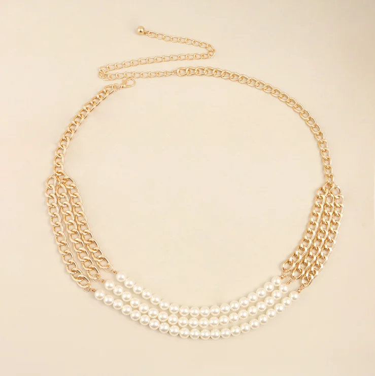 Multi-layer Pearl Metal Chain Waist Belt Body Chain Belly Dance