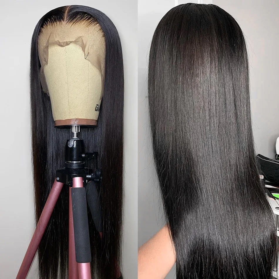 MuShang Popular Natural Straight  Hair Wigs For Girl Lace Frontal Closure 100% Brazilian Black Remy Virgin Human Hair Wigs