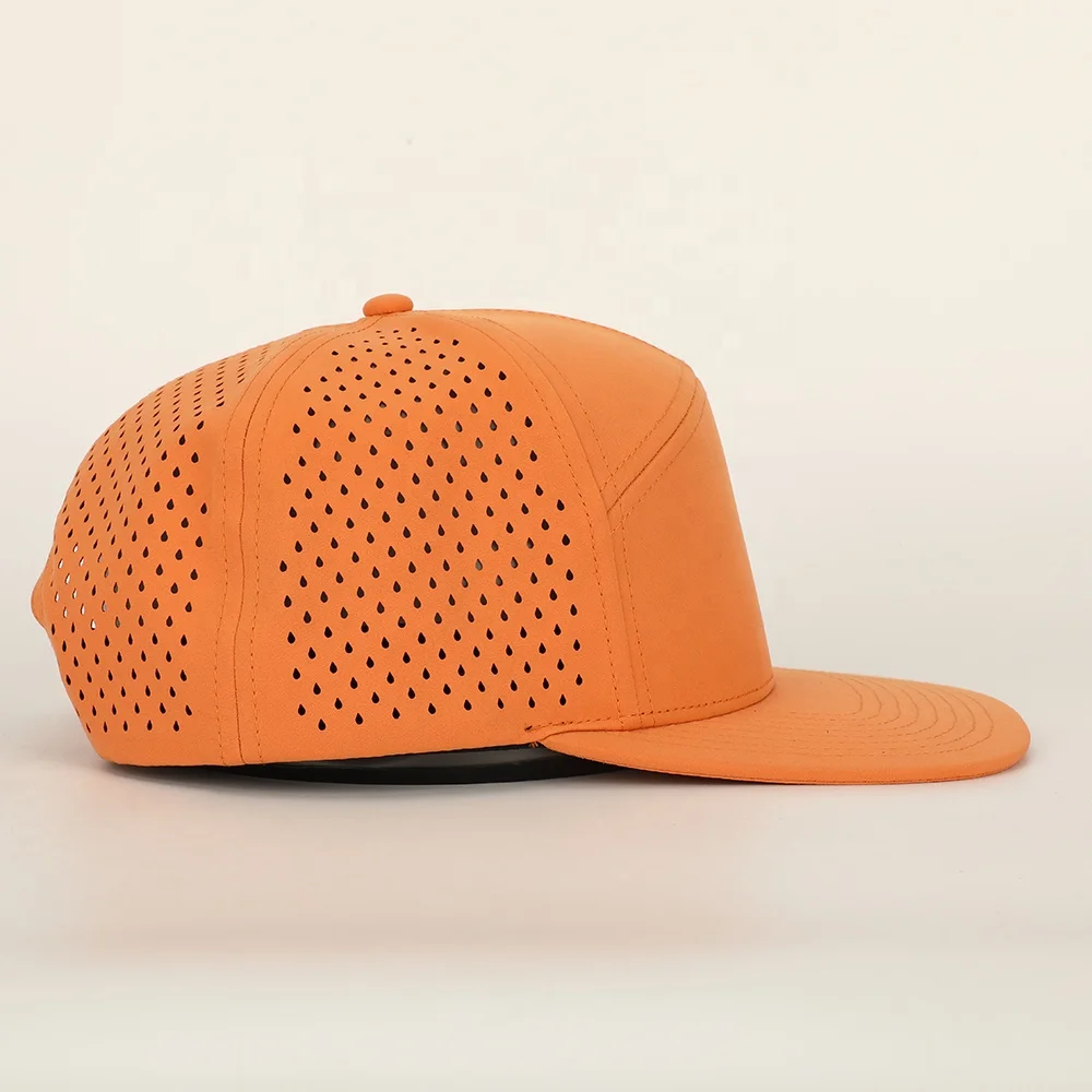 Wholesale High Quality Rubber Patch Logo 7 Panel Polyester Laser Cut Hole Hat Flat Brim Gorras Custom Waterproof Snapback Cap