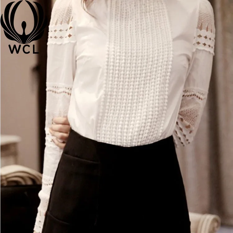 Breathable Slim-fit Cotton Hook Flower Casual Elegant Long-sleeved White Bottoming Blouses Hollow Lace Shirt