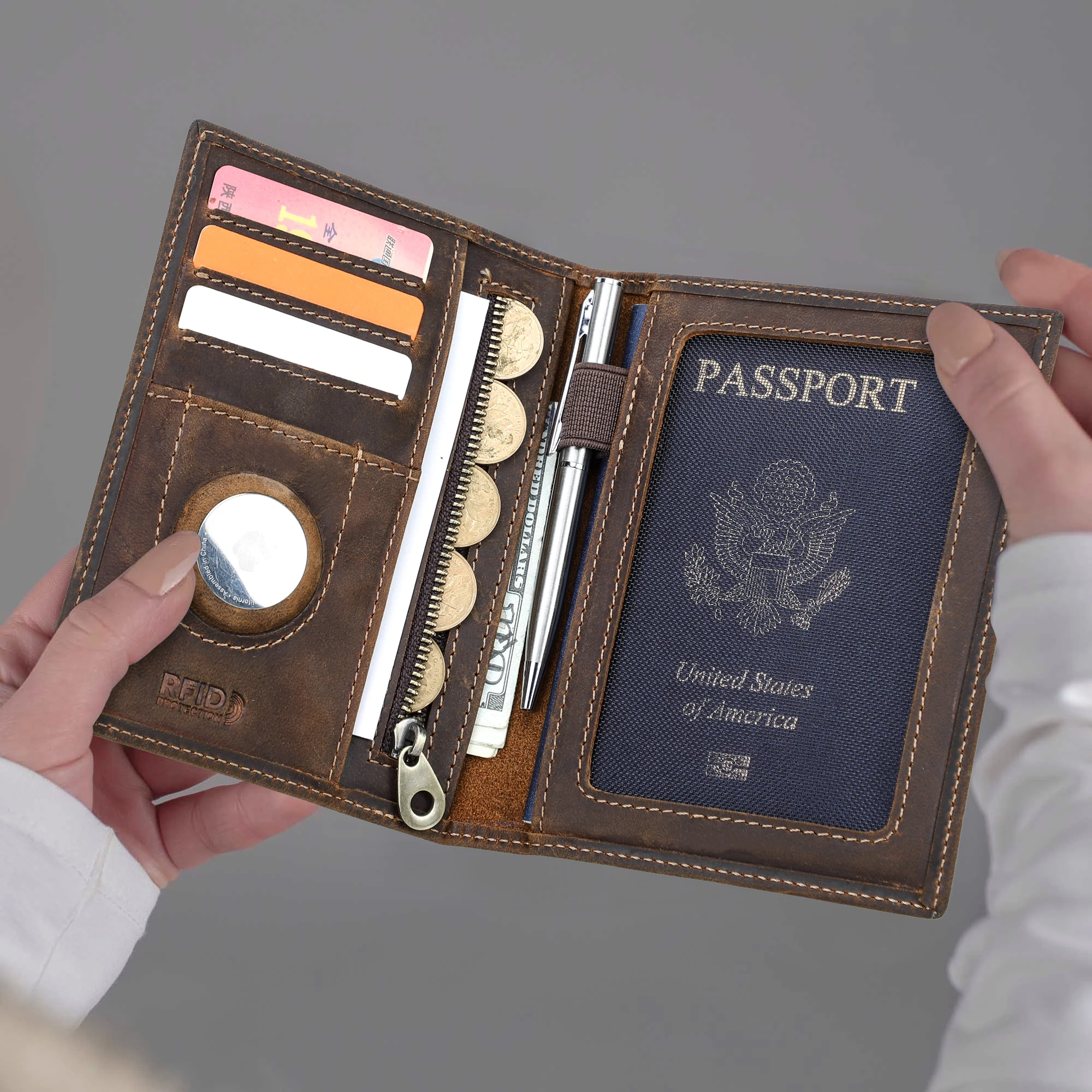 Custom Logo Genuine Leather Slim Travel Passport Holder Wallet Minimalist Rfid Travel Document Organizer Wallet Leather