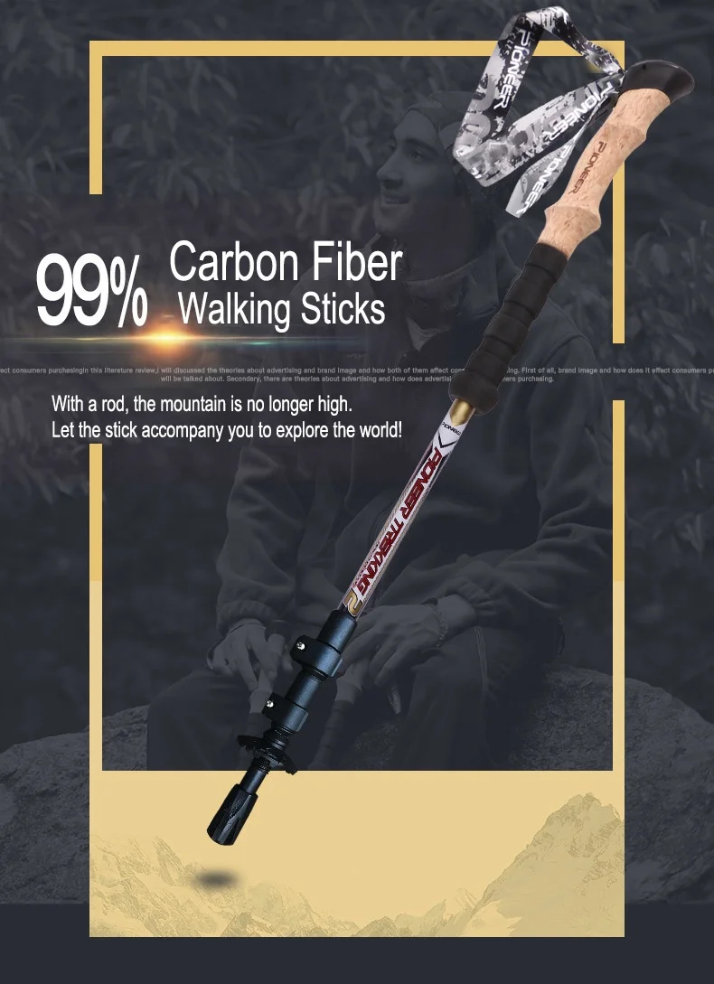 High Quality Alpenstock Telescopic Ultra Light 99% Carbon Fiber Trekking Poles Walking Hiking Sticks With Cork Handle