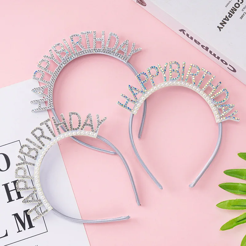 Hair Accessories Women Letter Headband Pearl Crystal Headband Happy Birthday Headband