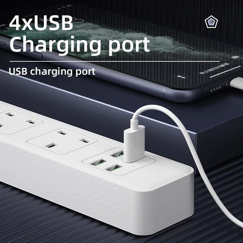 High quality 4 way 3m white extension socket uk surge protector power strip plug with 4 usb port