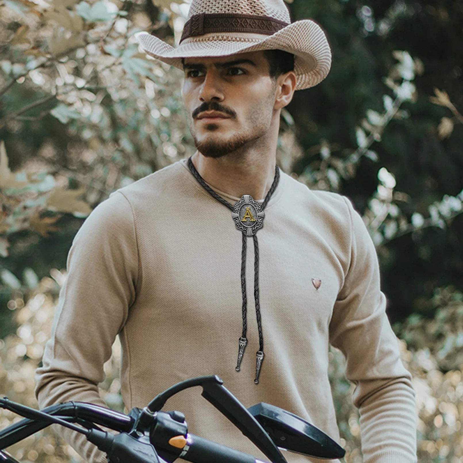 Western Cowboy Leather Bolo Tie with Golden Initial ABCJ Z Gold Necklace and Necktie Accessories for Women and Men