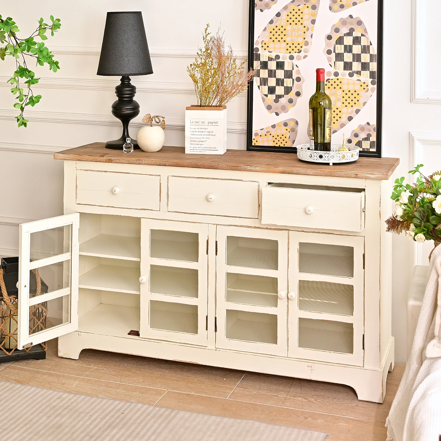 INNOVA Rustic Living Room Furniture 3-Drawer Wooden Cabinet with Glass Door White Color for Farmhouses and Modern Home Decor