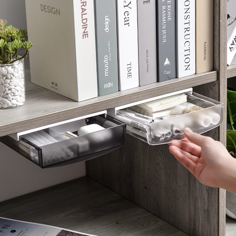 Under Desk Drawer Organizer Slide Out Hidden Desktop Organizer Pen Holder for Desk Self-Adhesive