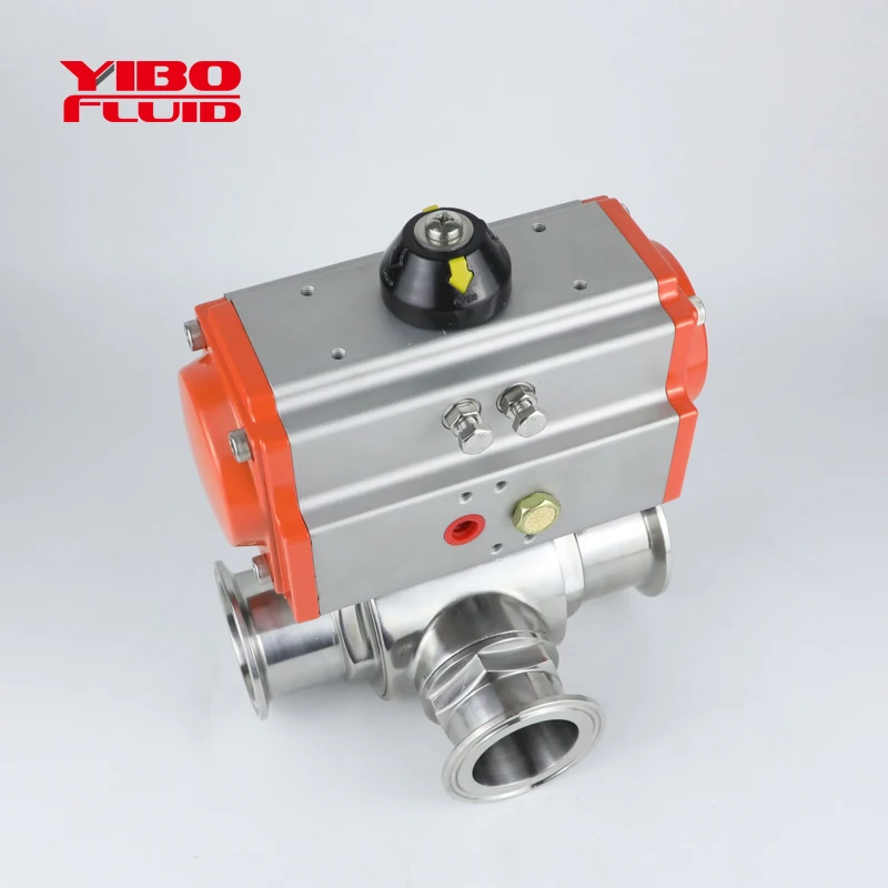 
food grade Sanitary Stainless Steel Pneumatic 3 way clamp Ball Valve With Spring Actuator aluminum pneumatic T way ball valve 