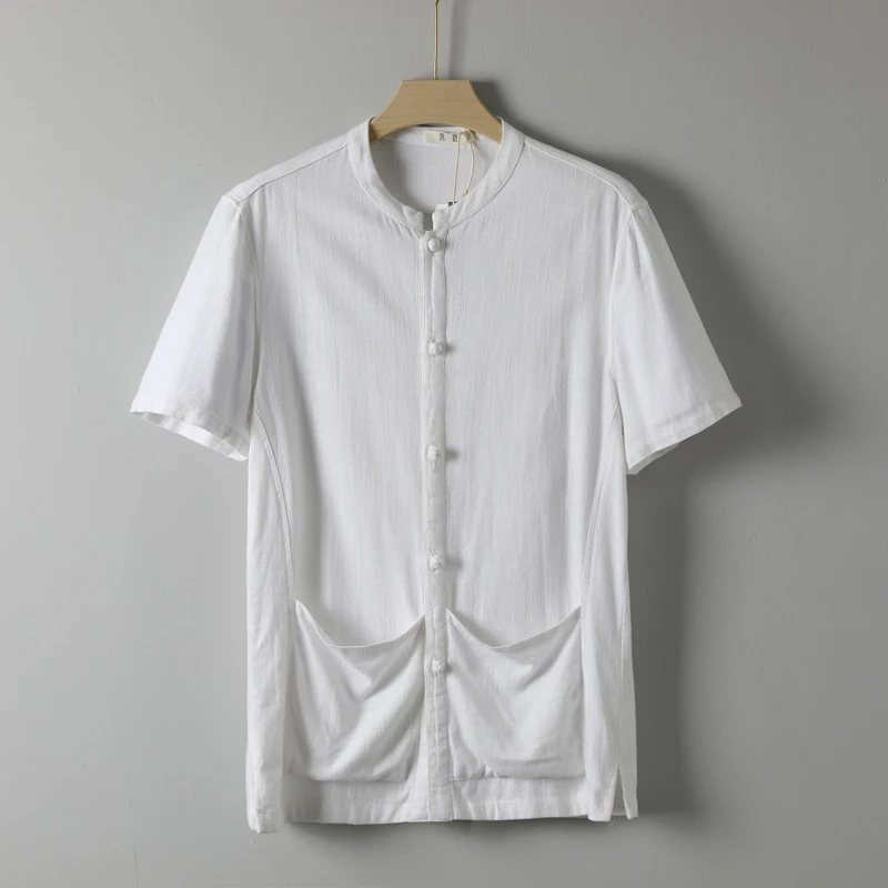 Natural Fabric Comfortable Men Linen Shirt Material Casual Plain Short Sleeve Shirts