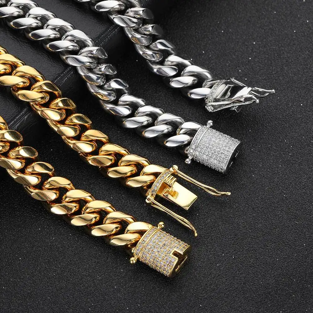 18k Gold plated Double sided diamond zircon buckle 14mm Stainless steel cuban link chain necklace