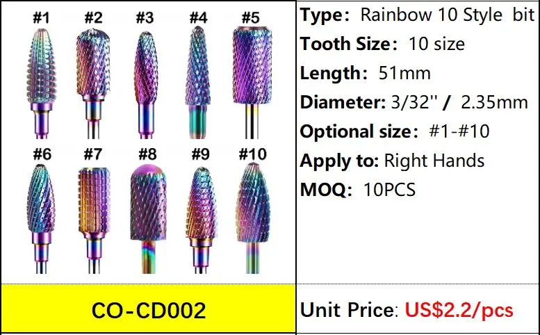 Rainbow Carbide Tungsten Nail Drill Bit Stainless Steel Manicure Cutters Cuticle Clean Milling Cutter Care Tools CO-CD002