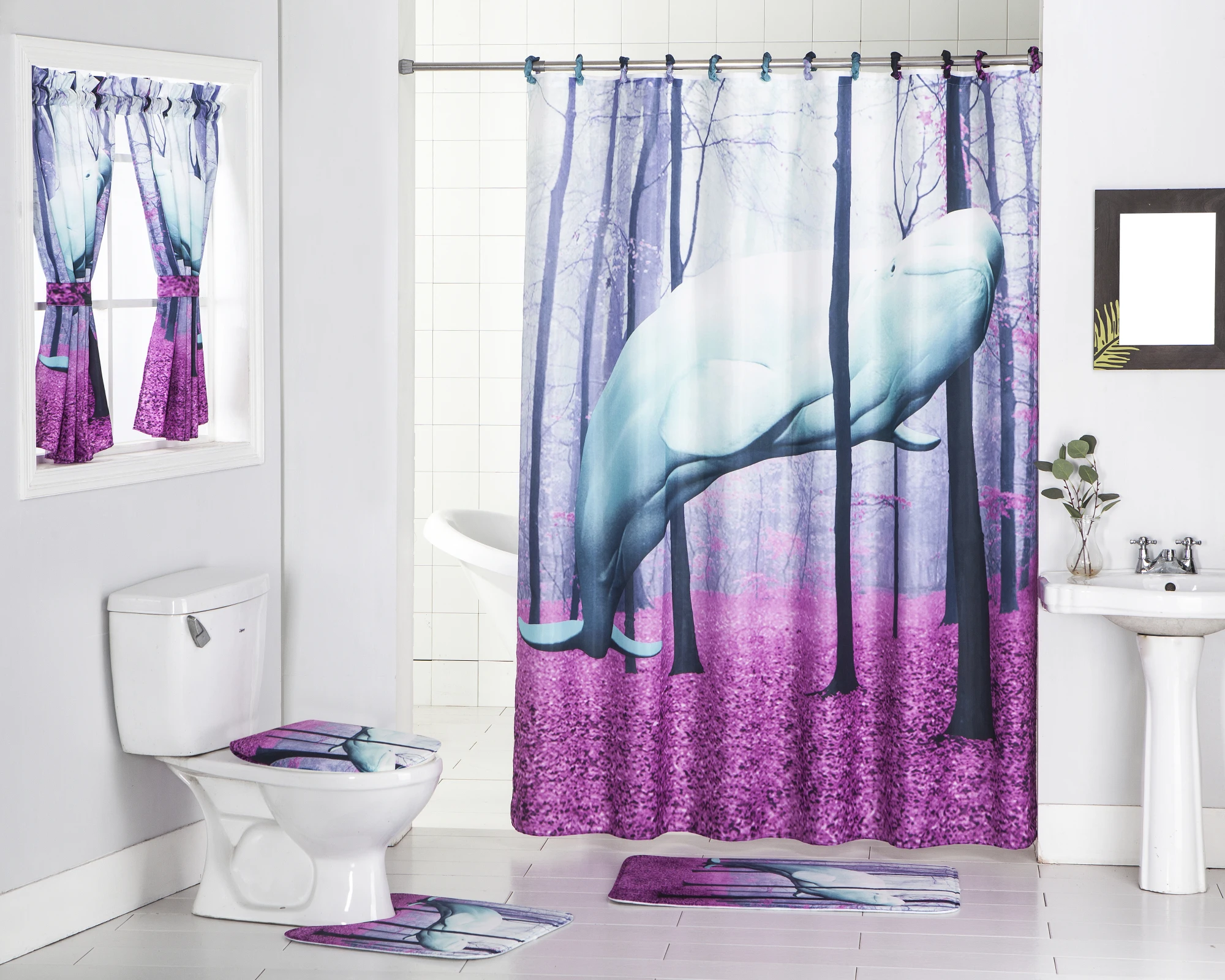5 Pieces Printed Non-Slip Bathroom Set ,Window and Shower Curtain,Bath Rug,Toilet Lid Cover