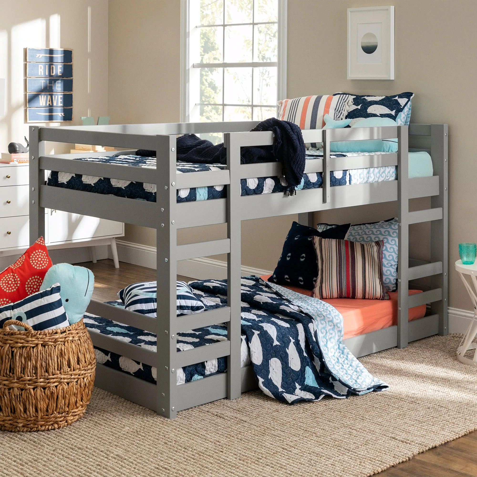 Solid Wood Twin Size Low Bunk Bed - Grey Kids Bunk Bed With Slide For Bedroom