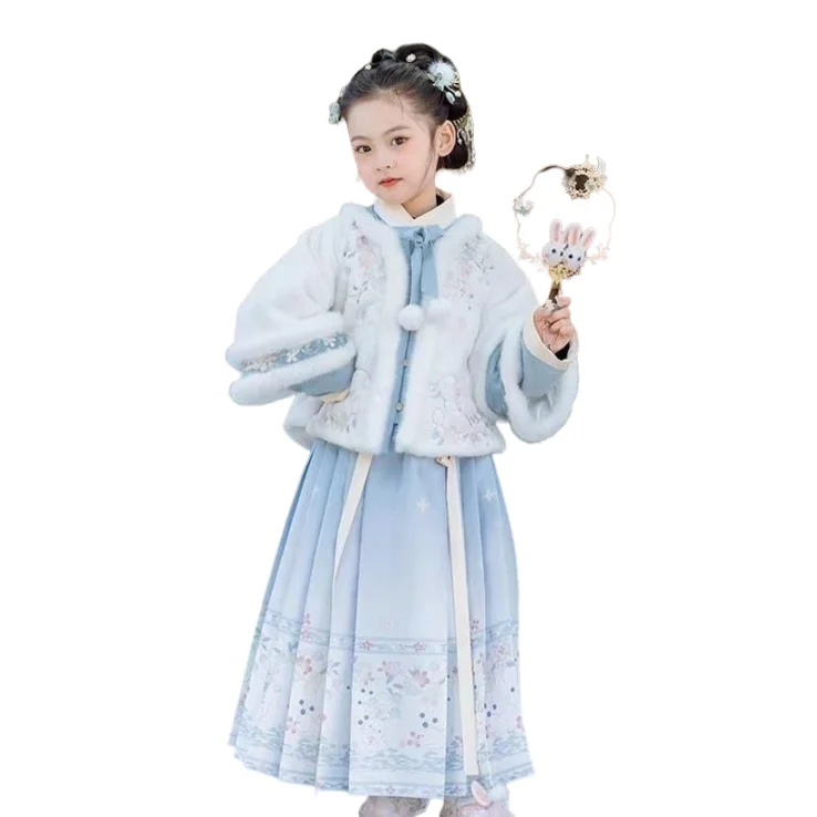 Girls winter Plush New Year greetings clothes Hanfu thickening Antique attire children Chinese style Tang Horse faced skirt