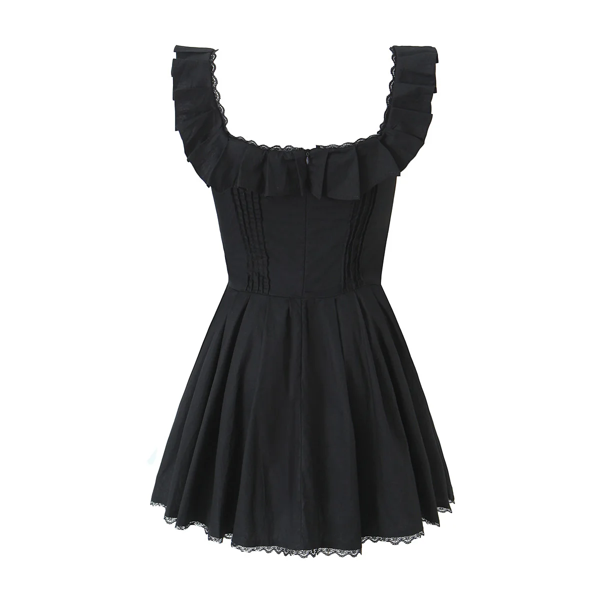 Sleeveless square collar shoulder strap black color casual fashion women cotton mini lace dress