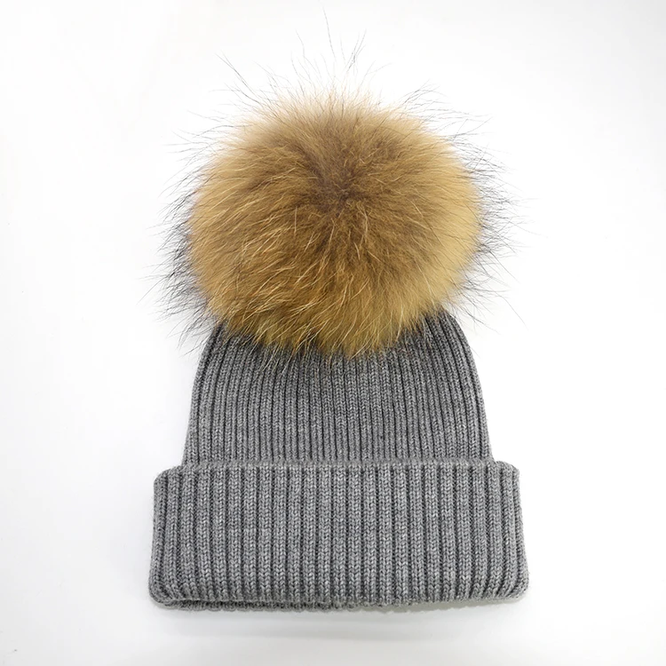 KAZUFUR Winter Warm Unisex 100% Merino Wool Beanie Hat With Real Fur Pom Pom Beanie