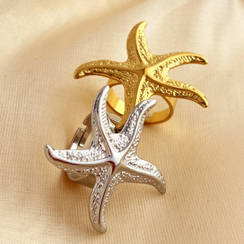 Marine starfish ring style antique stainless steel ring plated with 18K gold opening personality starfish ring for women