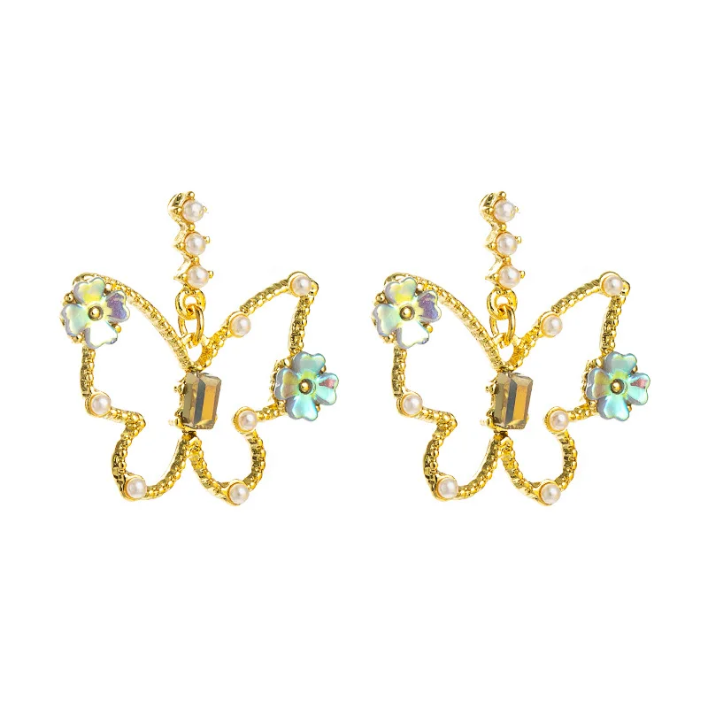 
Korean Style Hollow-out Butterfly Pearl Hoop Earrings Lady Alloy Gold Butterfly Drop Earrings 