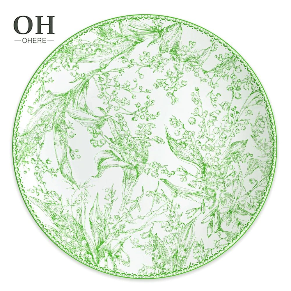 Green Floral Dinner Set Country Style Plate Set Dinnerware Luxury Bone China Tableware for Catering&Rental&Event