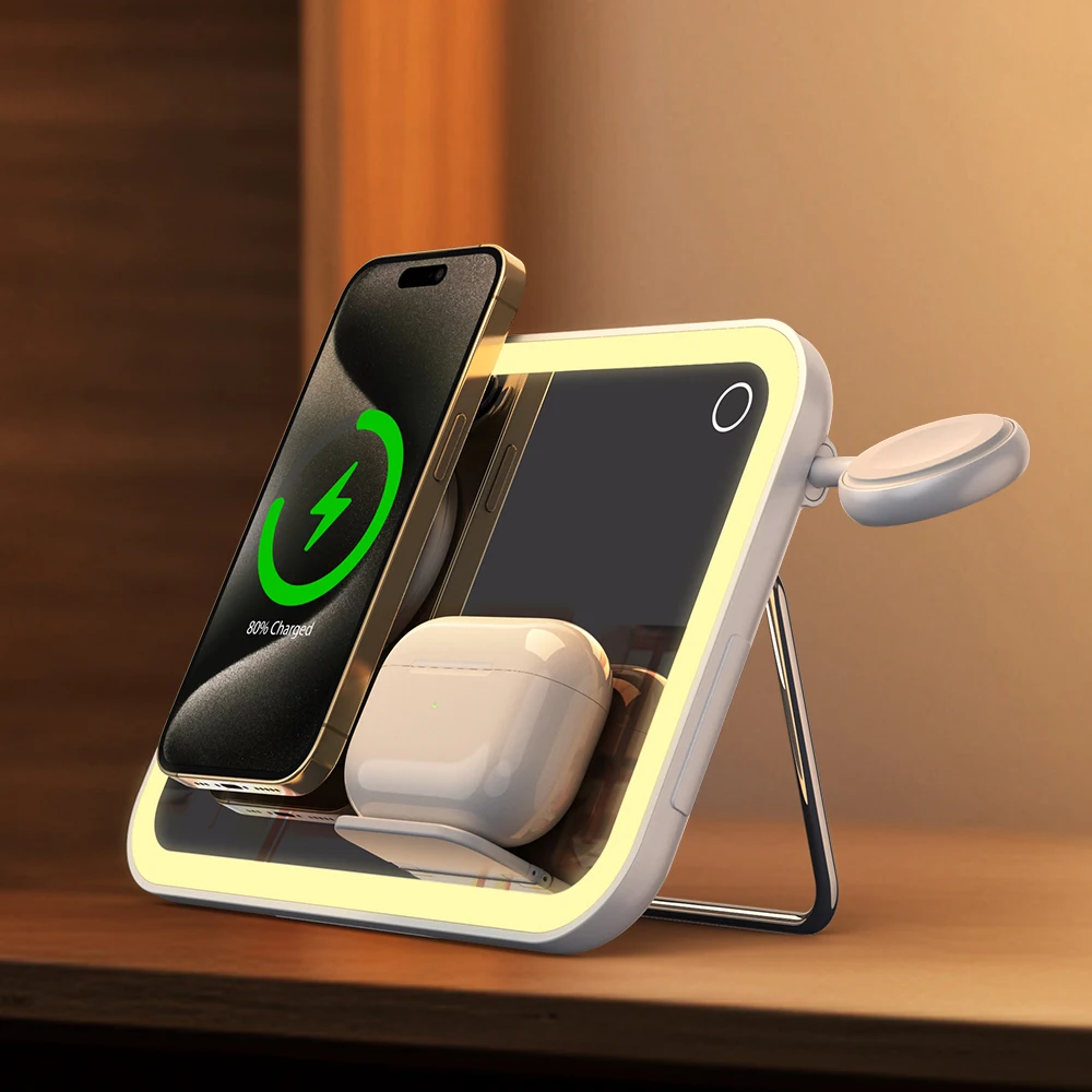 KC Table Lamp LED Lighted Makeup Mirror 3 in 1 Magnetic Wireless Charging Station Night Light Charger for iPhone/Watch/AirPods