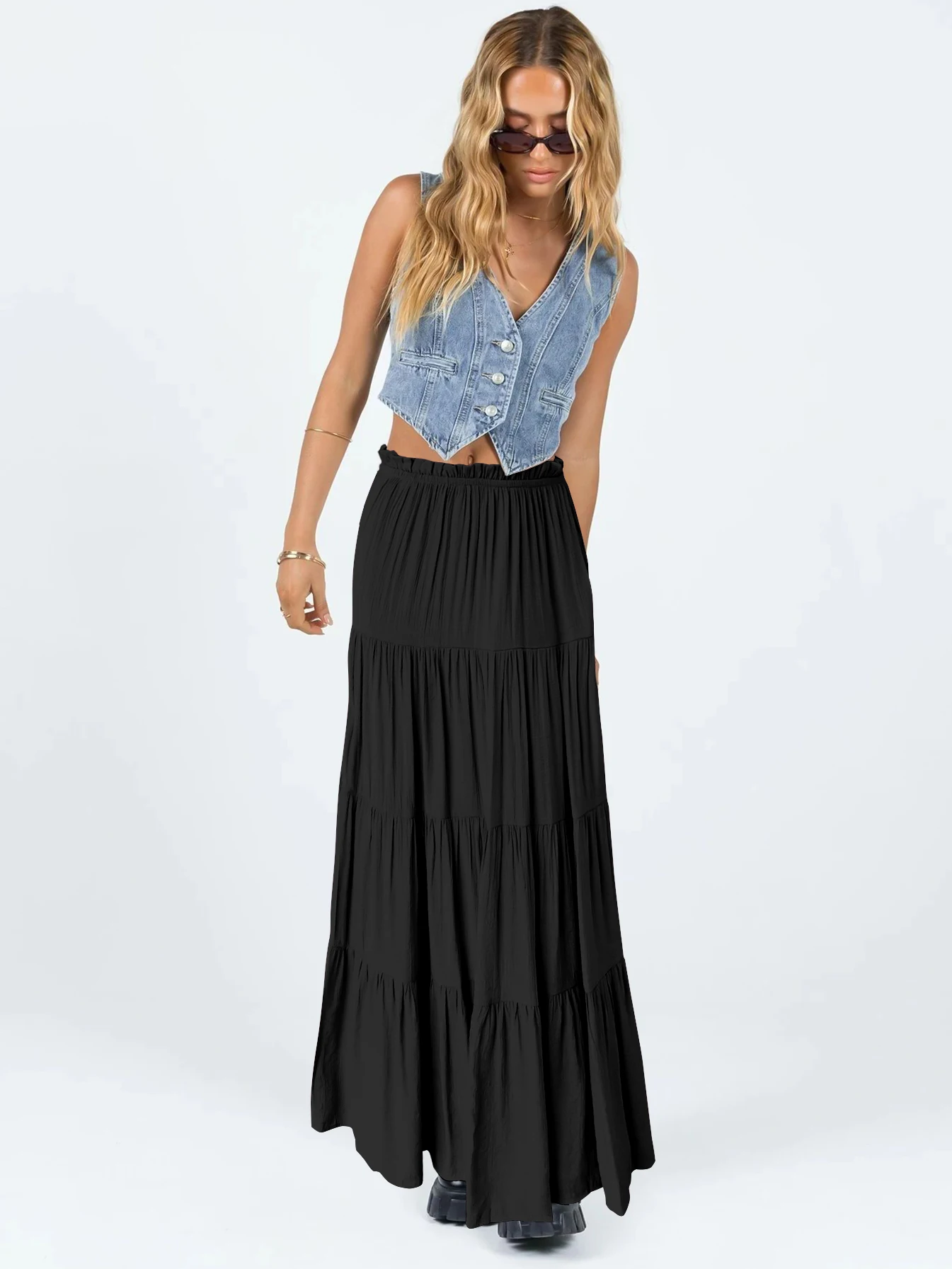 2024 Vintage Chic Hippie Women Ruffle High Elastic Waist Beach Bohemian Skirt Ladies Rayon Cotton Maxi A-Line Boho Skirt