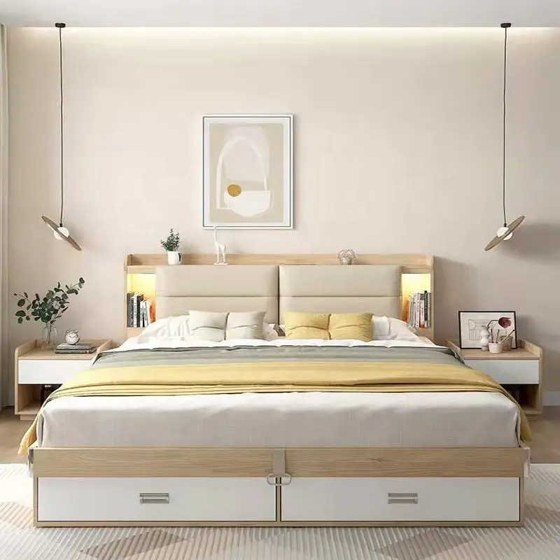 Kainice wholesale bedroom furniture usb charge mdf gas lift soild wooden bed with drawer king size storage box bed