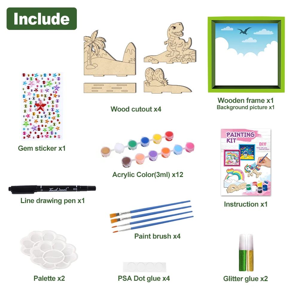 Hot Selling Product 2024 Diy Painting Toys Age 6+ Unisex Art And Craft Kit For Kid dinosaur 3d Wood Frame For Home&School