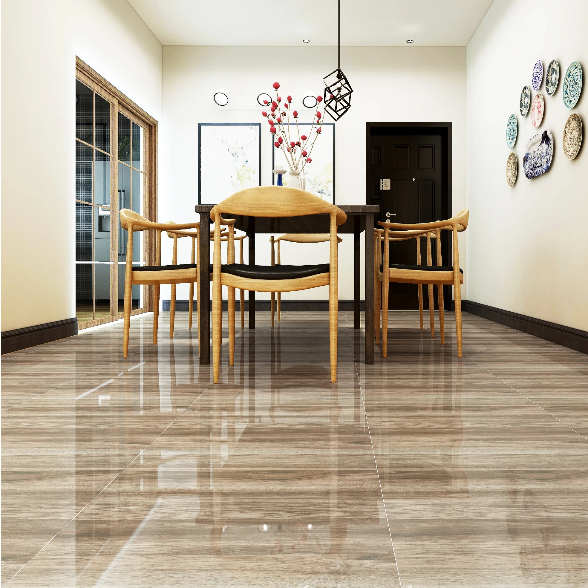 Goodone Dark Brown Gloss Wood Effect Glazed Polished Porcelain Tile