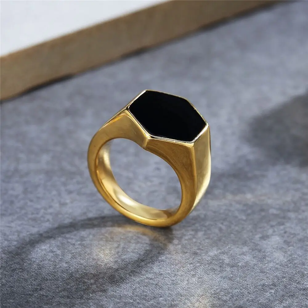 Titanium Steel Gold Silver Color Punk Men Signet Rings Waterproof Mens Finger Square Black Gem Onyx Agate Ring