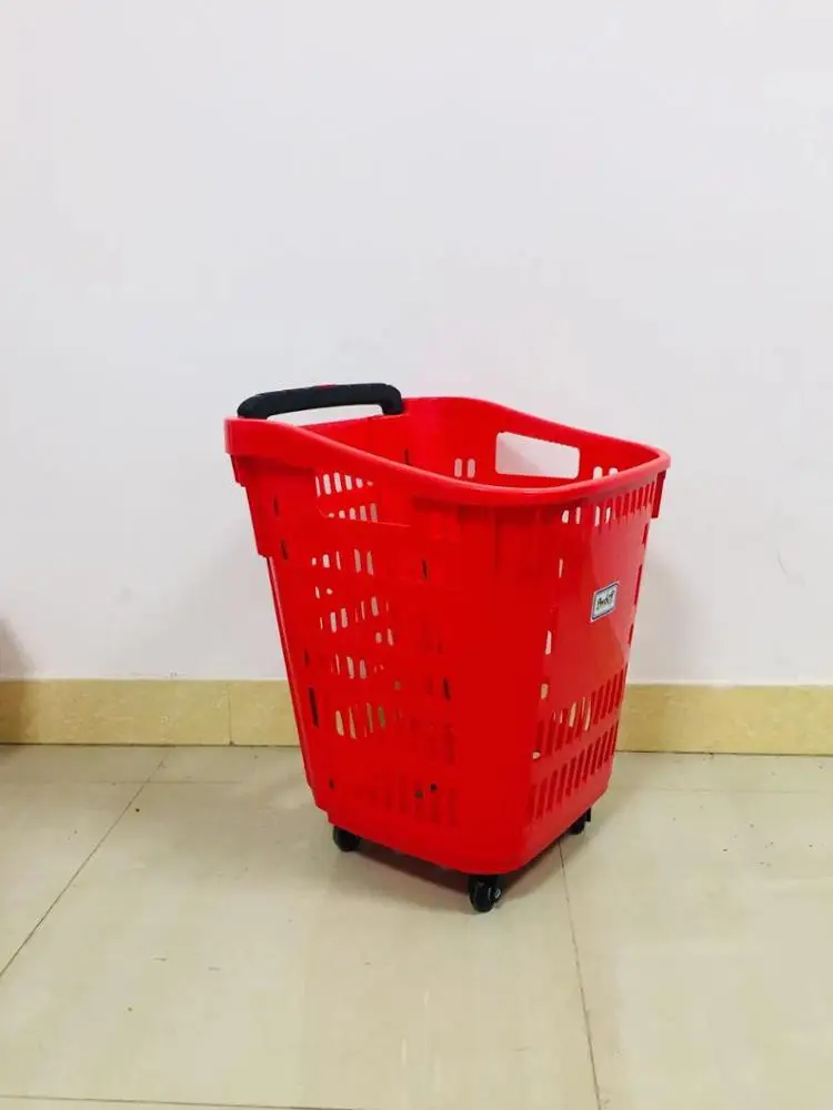 MOQ 20 PCS Big Size Folding Handle 55L Supermarket Plastic Shopping Basket,  4 Wheels Plastic Trolley Rolling Cart