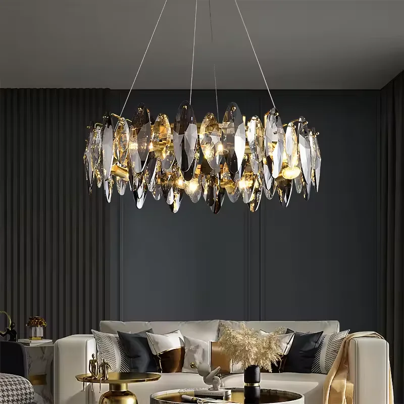 circle design led pendant light luxury Smoke Gray stainless steel crystal glass chandeliers