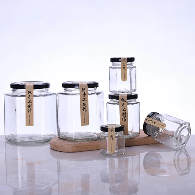 Wholesale Custom Size Logo & Style Hexagonal Glass Honey Jar With