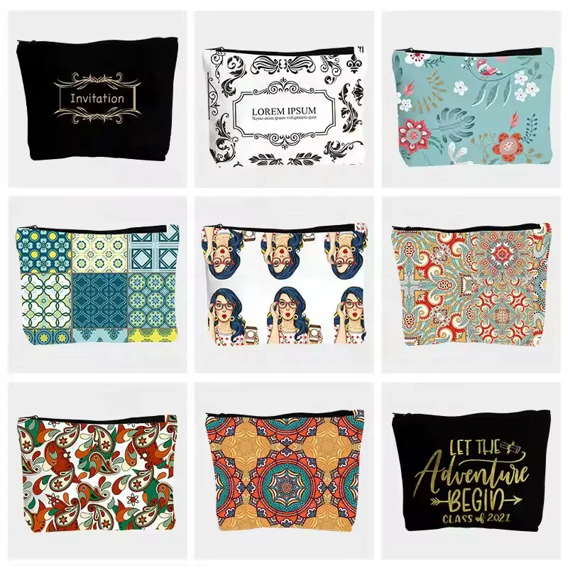 custom printed women toiletry travel professional cotton makeup wash zip pouch beauty canvas cosmetic bag