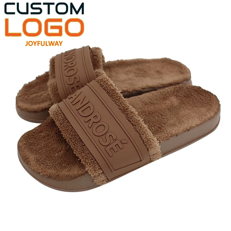 2022 custom logo furry slippers unisex, PVC plush sports indoor outdoor rubber slides slippers custom