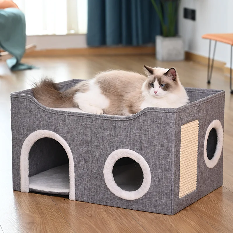 Foldable Cat Cave Bed, Cat Cube House with 2 Reversible Pads & Ball for Pet Foldable Cat Hideaway