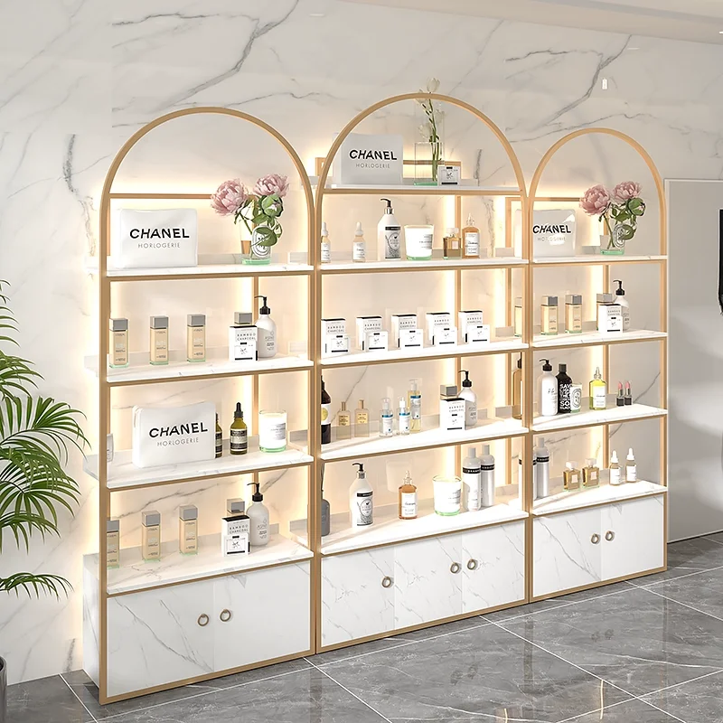 Customized beauty salon cosmetics display cabinet skincare products bag shelf light luxury nail salon floor standing shelf with