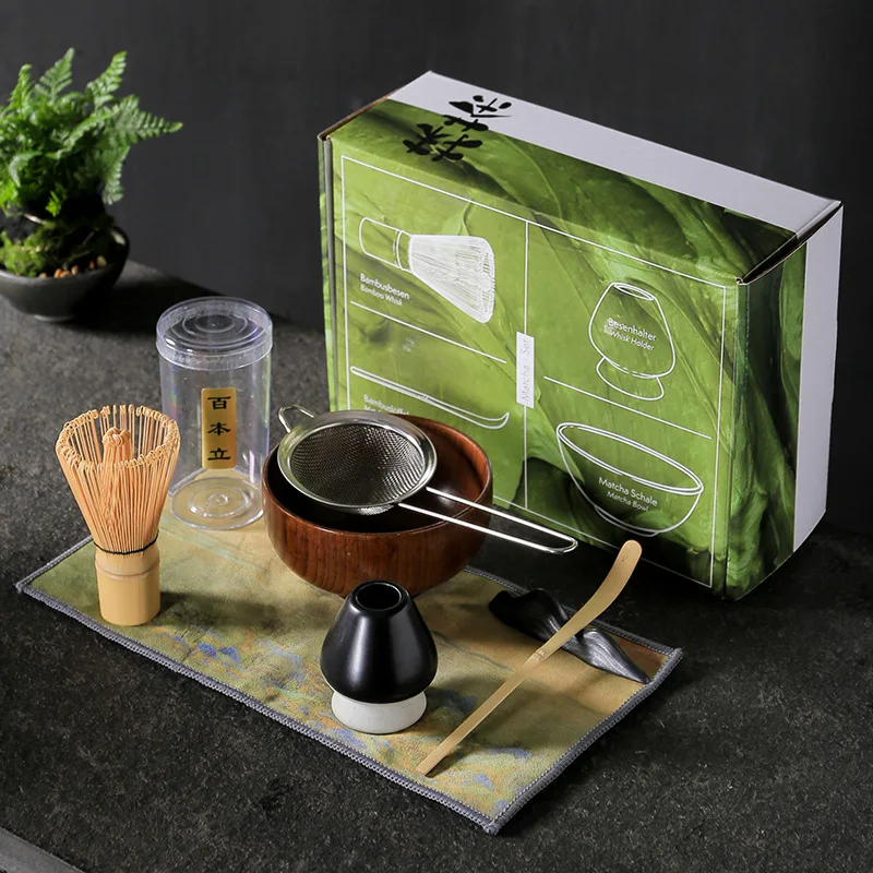 Ceramic Matcha Set with Filter Jat Pot Bamboo Whisk Stand Ceramic Bowl Cup Spoon Holder Kit Tools Gift Box
